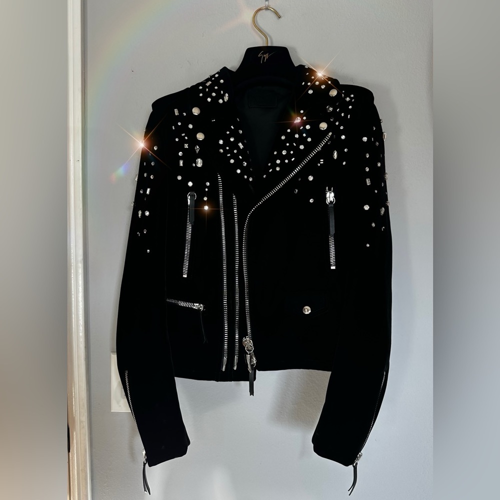 Giuseppe Rhinestone Embellished Black Velvet Biker Jacket Zanotti Medium Small